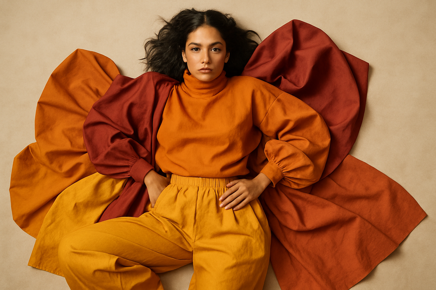 genera una modelo de ropa oversized de tez morena semi latina a una imagen 4k con prendas de color calidos y atrevidos, con una vista en posicion cenital